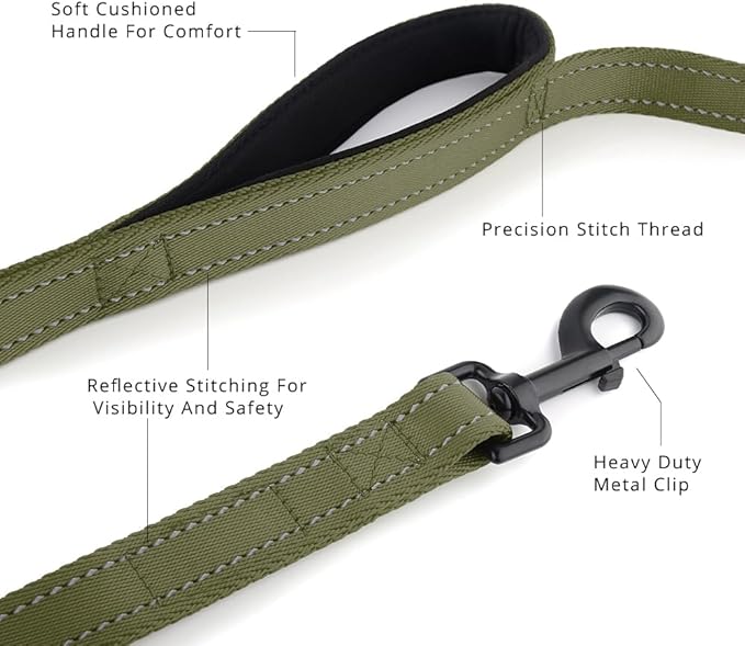 Plutus Pet Double Handle Dog Leash 6ft, Heavy Duty, Reflective Dual Handle Dog Leash for Safety Training, for Medium Large Dogs,2 Handle Leads, Ranger Green