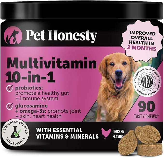 10-in-1 Dog Multivitamin Supplement with Glucosamine & Probiotics - Hip & Joint Support, Digestive Health, Immune Support, Heart & Skin - All-in-One Daily Vitamins & Omega-3s for Dogs (Chicken, 90 Ct)