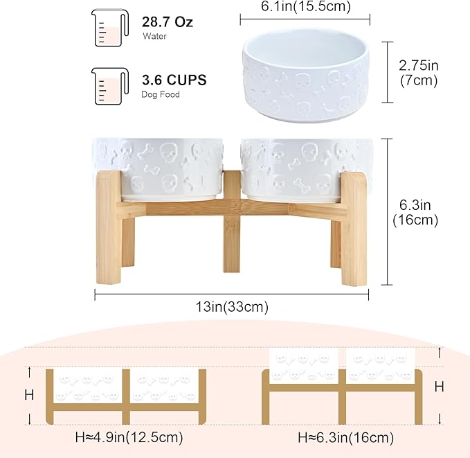 SPUNKYJUNKY Elevated Dog Bowls Ceramic, 6.1'' Dogs and Cat Food Water Bowls Raised with Non-Slip Bamboo Stand for Medium Sized Breed Microwave Dishwasher Safe - 28.7 OZ,Skull White