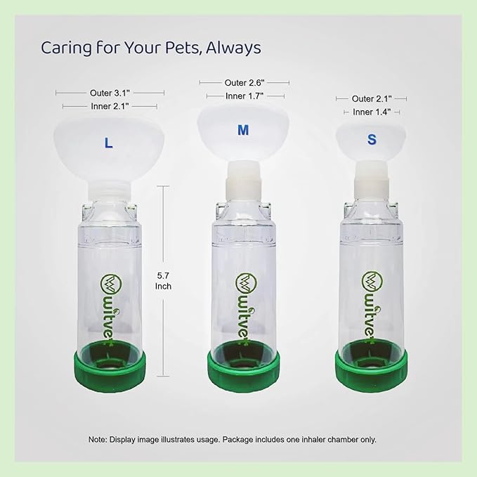 Vet Inhaler Spacer for Cats, Dogs - Use to Assist Metered Dose Inhaler (MDI) Therapy - Dual Valve Design, with Visible Indicators - 3 Silicon Masks for Different Size Pets