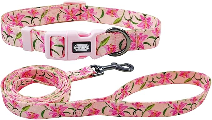 Dog Collar Leash Set, Floral Pattern, Polyester Material, Adjustable Collar and 5ft Matchcing Leash, for Medium Dogs.(M, Pink Lily)