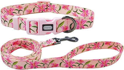 Dog Collar Leash Set, Floral Pattern, Polyester Material, Adjustable Collar and 5ft Matchcing Leash, 5ft Leash, for Small Dogs.(S, Pink Lily)