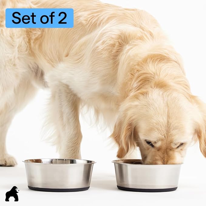 GORILLA GRIP Dog Bowls, Food Grade 304 Stainless Steel, Holds 6 Cups Each (48 fl oz) Food and Water Bowl for Feeding Dogs and Cats, Dishwasher Safe, Rust Resistant, BPA Free Rubber Base Set of 2 Black