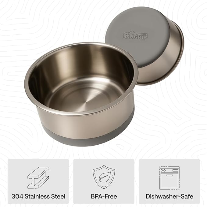 GORILLA GRIP Dog Bowls, Food Grade 304 Stainless Steel, Holds 6 Cups Each (48 fl oz) Food and Water Bowl for Feeding Dogs and Cats, Dishwasher Safe, Rust Resistant, BPA Free Rubber Base Set of 2 Gray