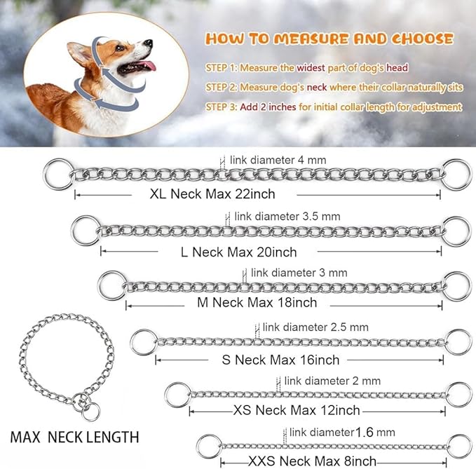 Chain Choke Collar for Dogs, Metal Slip Link Training Heavy Duty Dog Collar Martingale Puppy Collars for XXS XS Small Medium Large Big XL Breed Dogs (Silver, XS)