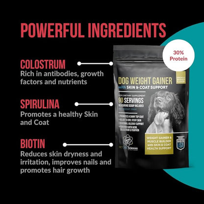 Dog Weight Gainer with Skin & Coat Support - Weight Gain Supplements for Dogs - Canine and Dog Muscle Builder - Protein Powder - High Calorie Food Supplement - 90 Servings
