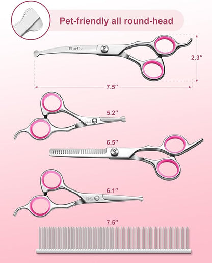 Furry Professional Pet Grooming Scissors with Safety Round Heads - 6 in 1 Curved Scissors for Dogs and Cats