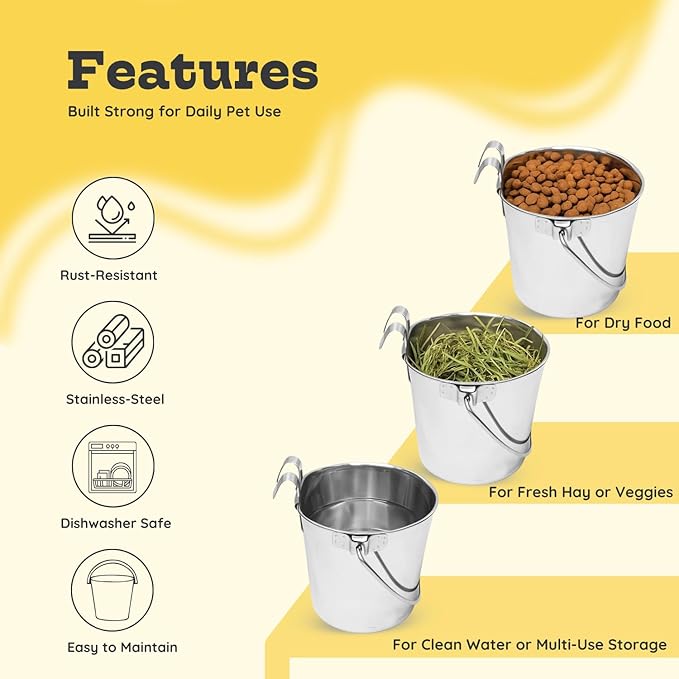 2 Quart Stainless Steel Flat Sided Bucket with Dual Hooks | 2 Pcs Durable Food & Water Bowl for Dog Cats Bird & Small Animals | Fits kennel Cage Crates Hanging Pet Pail | Multipurpose use