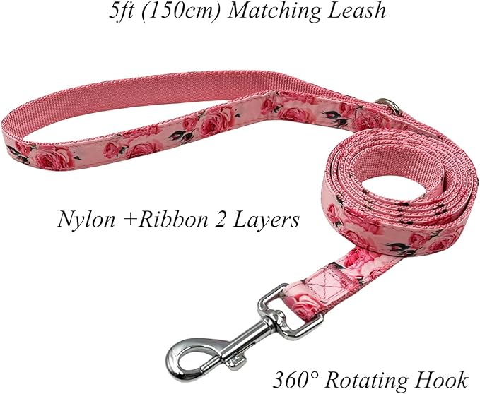 Dog Collar Leash Set, Floral Pattern, Nylon Webbing Plus Cotton Ribbon, 5ft Matching Leash, for Small Dogs.(S, Pink Rose)