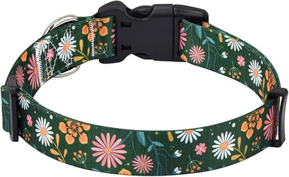 Mihqy Dog Collar with Bohemia Floral Tribal Geometric Patterns - Soft Ethnic Style Collar Adjustable for Small Medium Large Dogs(Dark Green Flower,XS)