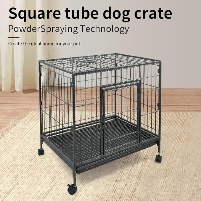 24" Heavy Duty Dog Crate, Escape Proof Double Door Dog Kennel with Removable Trays & Lockable Wheels, Stackable Dog Cage, Indestructible Metal Pet Crate Indoor for High Anxiety Small Dogs