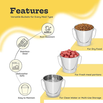 6 quart Heavy Duty Stainless Steel Round Bucket with Handle 2 Pcs | 1.5 gal Sturdy Food & Water Bowl for XL Dog Goat sheep & Livestock | Fits kennel Crate Cage Farm | Hanging Utility Pail
