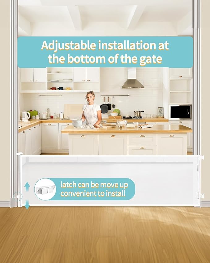 Retractable Baby Gate for Stairs – 33” Height, Expands up to 118” Width – Safety Gate for Infants, Toddlers, Dogs & Pets – Easy Install, Secure Closure, White Mesh Design for Indoor & Outdoor Use