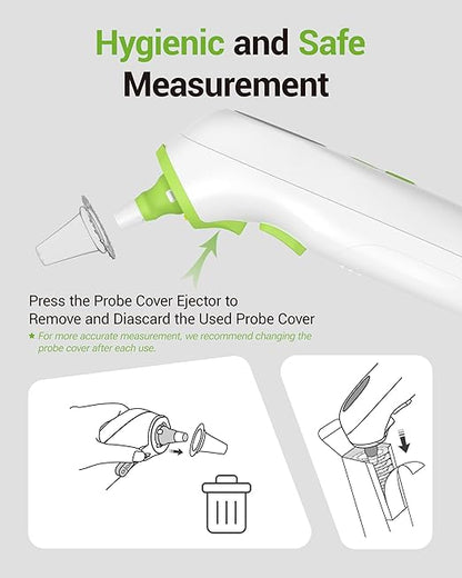 Ear Thermometer with Heated Probe, High Accuracy Thermometer for Kids, Adults and Babies with 32 Memory Recall, Mute and Night Light, Includes 21 Disposable Probe Covers, Storage Box,