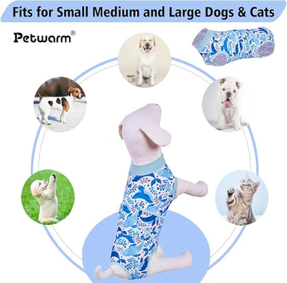 PetWarm Dog Recovery Suit After Surgery, Cone of Shame Alternatives, Anti-Licking Pet Surgical Recovery Pajamas Dog Onesie for Spay Neuter, Marine Animal Patterns, Blue, 2XL