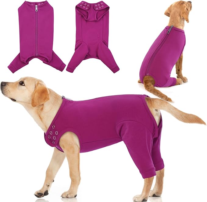 IDOMIK Dog Recovery Suit,Dog Leg Sleeve to Stop Licking Rear Legs,Thigh Wound Protective Sleeve,Male Female Pet Surgical Clothes,Doggy Surgical Suit with Pants Cover,Cone Collar Alternative,Purple,S