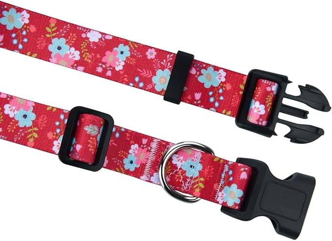 Mihqy Dog Collar and Leash Set with Bohemia Floral Tribal Geometric Patterns - Soft Ethnic Style Collar Adjustable for Small Medium Large Dogs(Red Floral Set,S)