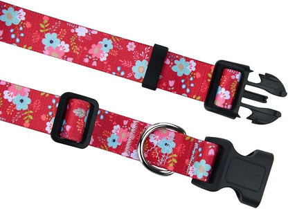Mihqy Dog Collar and Leash Set with Bohemia Floral Tribal Geometric Patterns - Soft Ethnic Style Collar Adjustable for Small Medium Large Dogs(Red Floral Set,M)