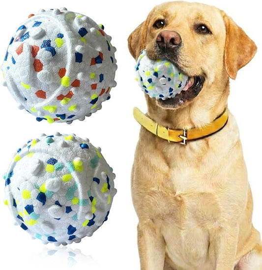 CAISHOW 2Pack Dog Ball Squeak Toys Indestructible Dog Ball Float On Water Fetch Bouncy Durable Solid Rubber Ball for Puppy Small and Medium Dogs Playing Toys (Bell Ball 2Pcs White)