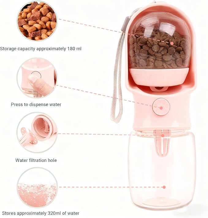 2-in-1 Dog Water Bottle with Food Container - 10oz Leak-Proof Travel Water Dispenser, Travel Water Bowl for Cats, Dogs, and Puppies - Essential for Walks, Hikes, and Travel (Pink)