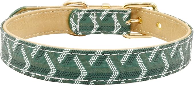 Leather Dog Collar and Leash Set, Check Pattern Dog Collar Leashes Metal Buckle Adjustable Durable for Small Medium Large Dogs (Green, S(11.4-13.4IN))