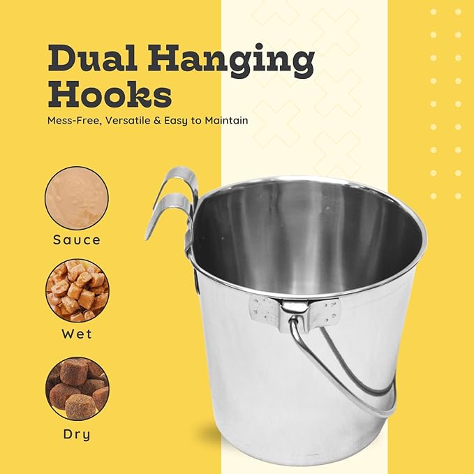 9 quart Stainless Steel Flat Sided Bucket with Dual Hooks | 2.25 gal Food & Water Bowl for XL Dog Goat Sheep Cattle Horse & Livestock | Fits kennel Crate Cages Farm | Hanging Utility Pail