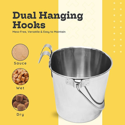9 quart Stainless Steel Flat Sided Bucket with Dual Hooks | 2.25 gal Food & Water Bowl for XL Dog Goat Sheep Cattle Horse & Livestock | Fits kennel Crate Cages Farm | Hanging Utility Pail