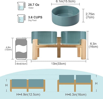 SPUNKYJUNKY Elevated Dog Bowls Ceramic, 6.1'' Dogs and Cat Food Water Bowls Raised with Non-Slip Bamboo Stand for Medium Sized Breed Microwave Dishwasher Safe - 28.7 OZ,Dark Green