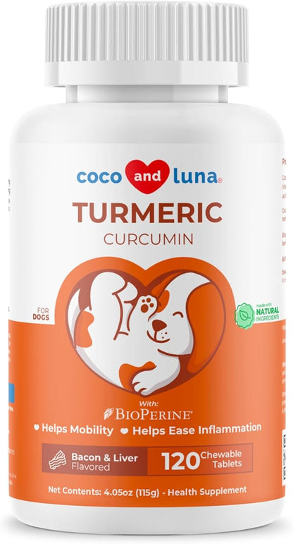 Turmeric for Dogs Anti Inflammatory Pain Relief - 120 Chewable Tablets - Hip & Joint Support Anti Inflammatory for Dogs with Curcumin and BioPerine (Turmeric Tablet)