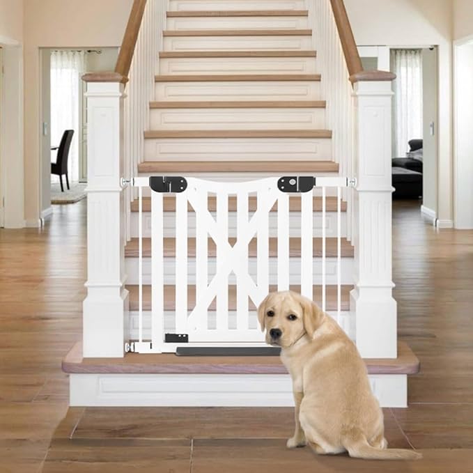 beeNbkks Barn Door Dog Gate, Anti-Kick Pet Gate with Walk Through Door, Modern Farmhouse Puppy Gate, Pressure Mounted Safety Dog Gate for Doorways Stairs House, for 29" to 40" Wide Openings, 30" Tall