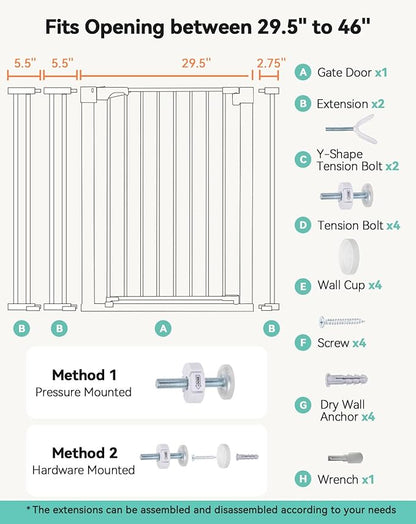 COMOMY 36" Extra Tall Baby Gate for Stairs Doorways, Fits Openings 29.5" to 46" Wide, Auto Close Extra Wide Dog Gate for House, Pressure Mounted Easy Walk Through Pet Gate with Door, White