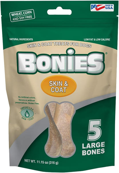 Bonies Natural Skin & Coat Formula Large-Sized Single Bone - Promote Silky Coat & Healthy Skin, Healthy Teeth & Fresh Breath, Low Calories - Chicken Flavor, [Large Dogs], 5 Bones