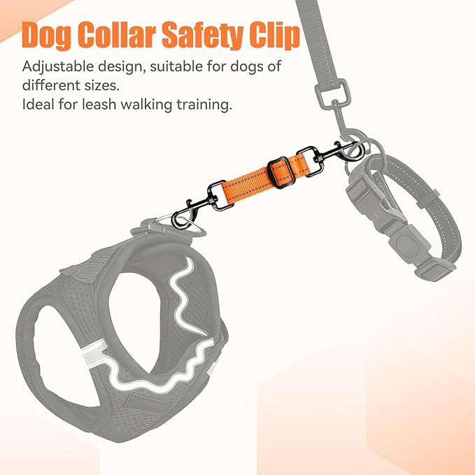 Dog Collar Safety Clip, Reflective Double-Ended Backup Connector for Harness to Collar, Adjustable Safety Clip for Prong, Pinch Collars, Prevents Escapes & Accidental Disconnection