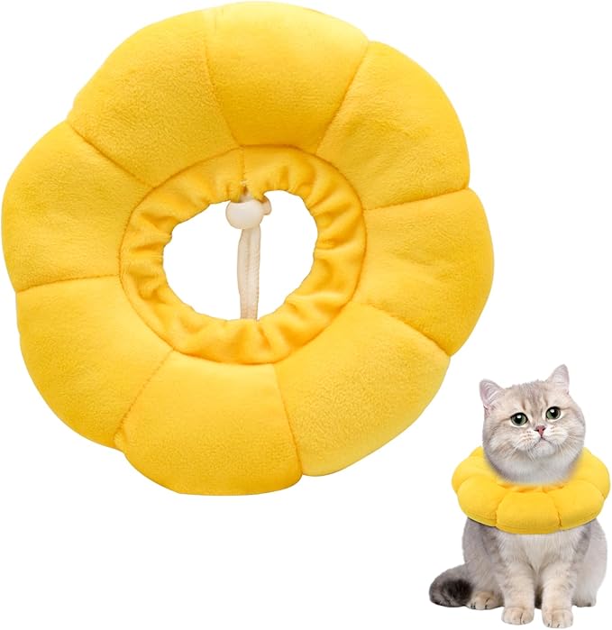 Sunflower Cat Recovery Cone, Adjustable Pet Elizabethan Collar for Cats &Puppy, Soft Cone for Cats After Surgery to Stop Licking, Cat Neck Pillow for Sleeping, Easy to Clean (Yellow, L)