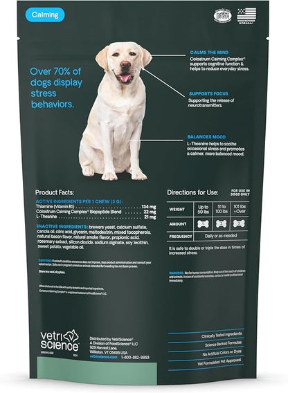 VetriScience Clinically Tested Composure Calm & Confident Chews - Supplement for Dogs with Anxiety, Stress & Fear with L-Theanine for Thunderstorms, Fireworks or Travel, Bacon, 60 Count