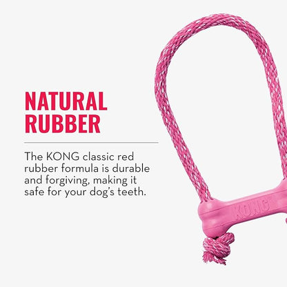 KONG Puppy Goodie Bone with Rope - Natural Rubber Bone with Cotton Rope - Teeth Cleaning Chew Toy for Growing Puppies - for XS Puppies - Pink