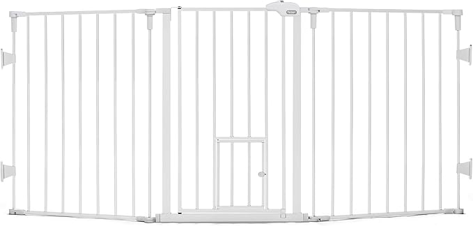 Carlson 52"-76" Flexi Configurable Dog Gate for Wide Openings, Extra Wide Metal Pet Gate with Small Pet Door, White