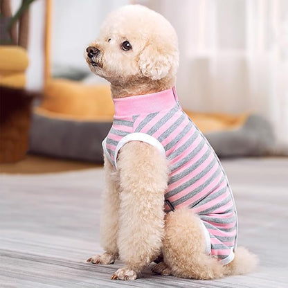 Dog Surgery Recovery Suit,Female Male Puppy Shirt,Dog Spay Neuter Onesie,E-Collar Cone Alternative,Abdominal Wound Protector,Prevent Licking Wound(Pink Gray Stripe-l)