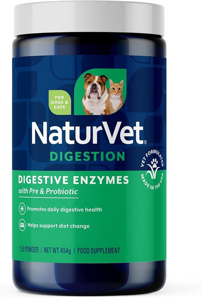 NaturVet – Digestive Enzymes - Plus Probiotics & Prebiotics – Helps Support Diet Change & A Healthy Digestive Tract – for Dogs & Cats – 1 lb Powder