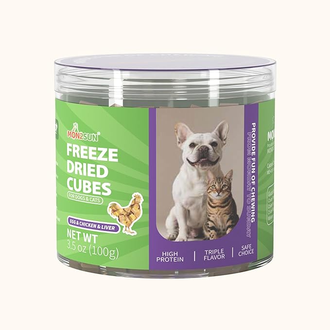 MON2SUN Triple-Layer Freeze Dried Cat & Dog Treats, Chicken, Egg & Chicken Liver Recipe Cube, Grain-Free High Protein Snacks, All Natural Food Topper or Training Rewards, 3.5oz