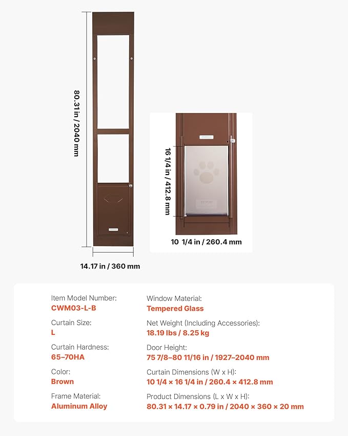 VEVOR Dog Door for Sliding Glass Door, 75 7/8 to 80 11/16 in Adjustable Height, Aluminum Alloy Frame with Rotating Hinges, Lock Design, 10 1/4 x 16 1/4 in Flap, Sliding Glass Pet Door for Renters