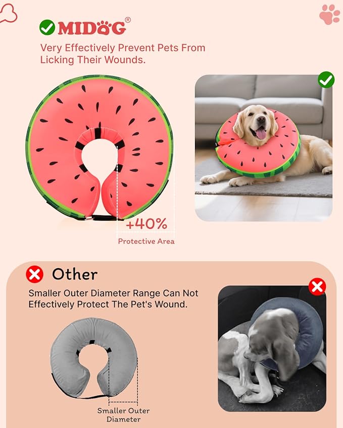 MIDOG Dog Cone Collar for Large Medium Dogs, Soft Inflatable Dog Cone Alternative After Surgery, Adjustable Protective Recovery Cone - Alternative E Collar Does Not Block Vision (Watermelon,XS)