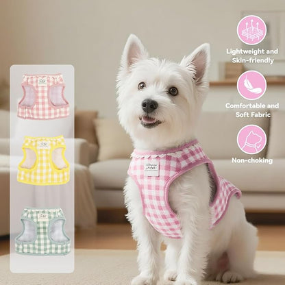 Country Chic Pet Harness and Leash Set, Gingham Pattern Breathable Mesh (Yellow, M(7.7-14.3 IBS)/(3.5-6.5 KG))