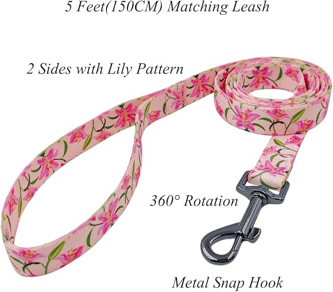 Dog Collar Leash Set, Floral Pattern, Polyester Material, Adjustable Collar and 5ft Matchcing Leash, for Medium Dogs.(M, Pink Lily)