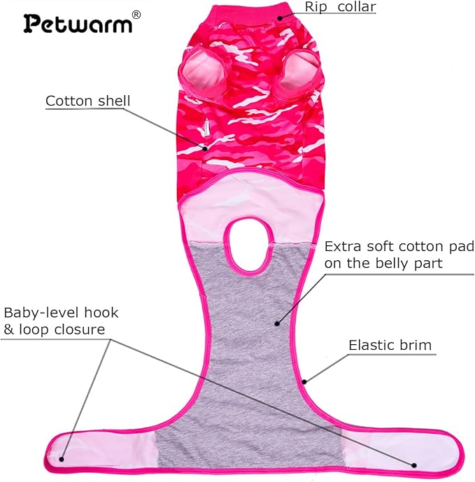 PetWarm Surgical Suit for Dogs Female, Pet Surgical Recovery Onesies Suit, Surgery Suit for Dogs, Professional Dog Abdominal Wounds Bandages, Camouflage Pattern, Pink, XS