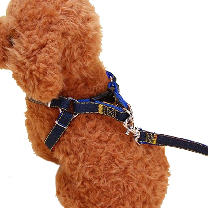 Denim Pet Dog Collar Harness Leash Set for Puppy Dog Cat, Adjustable Dog Harness Vest Collar Lead S/M/L/XL