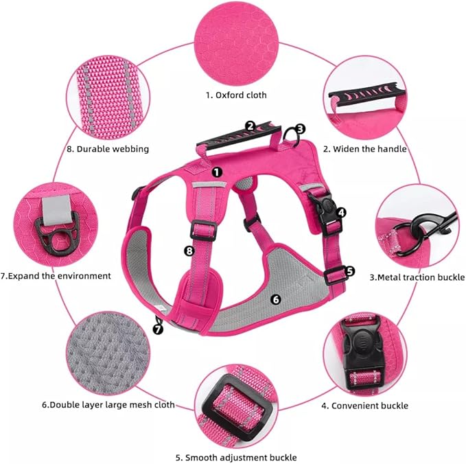 Dog Harness No Pull Adjustable Reflective,for Medium and Large Small Dog with Leash 59.06in (Fuscia, M)