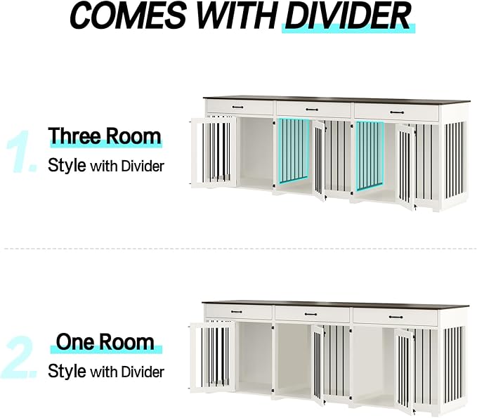 Dog Crate Furniture - Indoor Wooden Dog Kennel Crate Furniture with 2 Dividers, 3 Drawers, and 3 Lockable Doors, 95"x23.6"x31.5"H, White