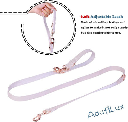 Soft Leather Dog Collar and Leash (6.6') Set - Stylish Rose Gold Heavy Duty Metal Buckle, 4 Adjustable Lengths Leash for Small Medium Large Dogs - Comfortable & Easy to Clean M(13.8"-19.7"), Gold Pink