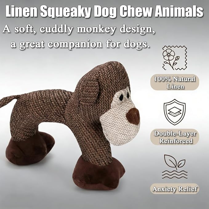 Linen Squeaky Dog Chew Animals, Made from Sturdy Linen Fabric in the Shapes of Animals Dogs Love, This is Perfect for Relieving Boredom and Anxiety in Small to Medium-Sized Dogs(Monkey)